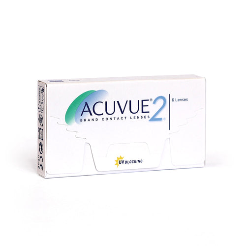 Johnson & Johnson Acuvue 2 prescription contact lenses shown in clear packaging with lenses visible inside